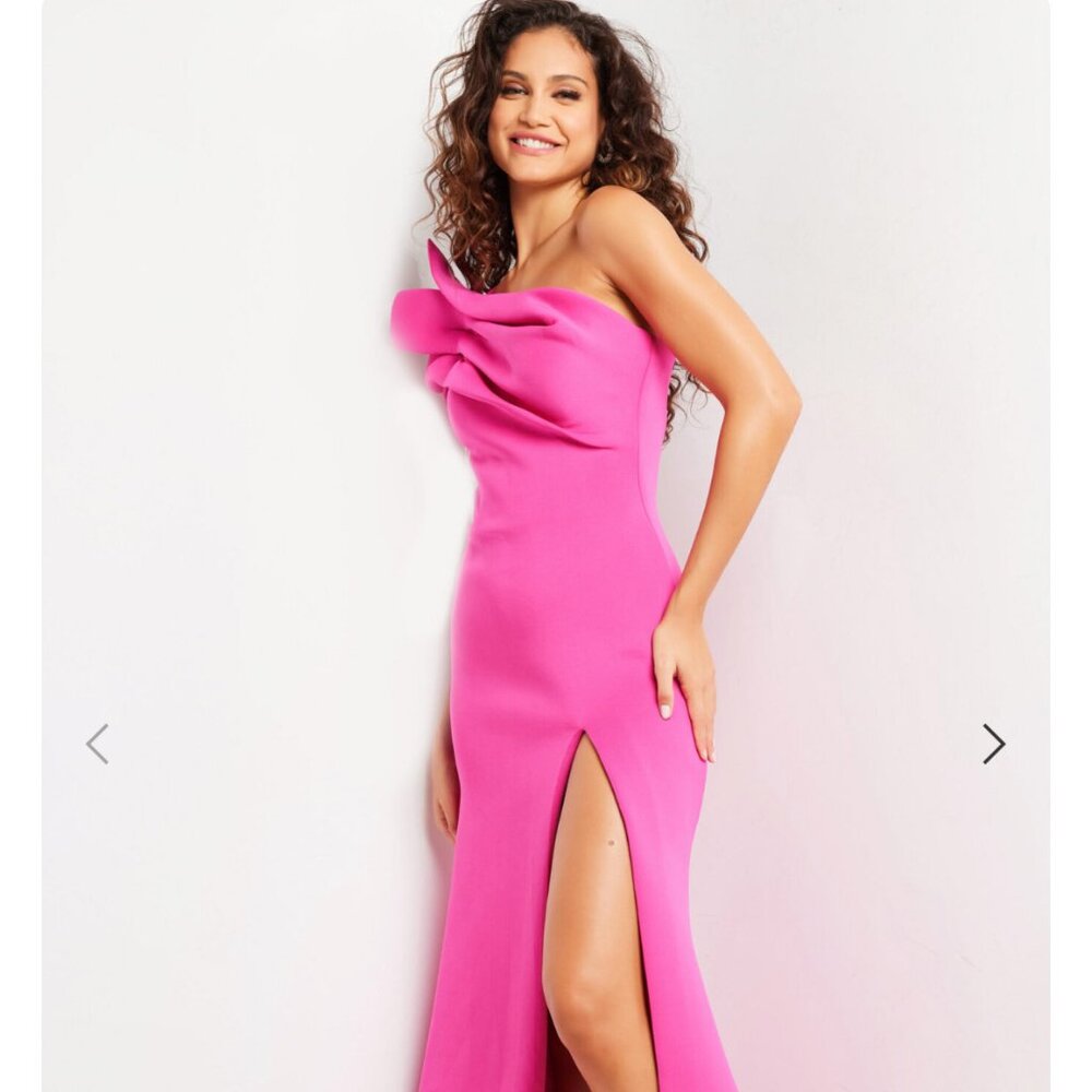 Jovani Fuschia Pink Long Dress w High slit - Scuba Fabric - Size 18
